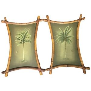 Vintage Mid Century British Colonial Style Palm Tree Oil Paintings - pair